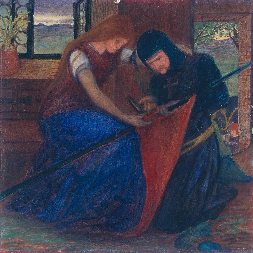 Elizabeth Siddal, Dame attachant un fanion à la lance d'un chevalier, vers 1856, Tate Britain